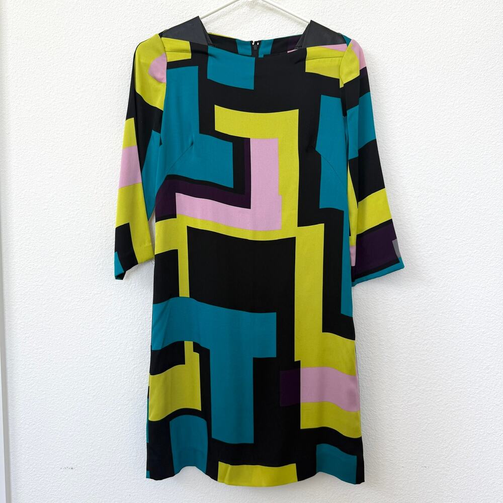 MILLY‎ Silk Shift Dress Geo Print Leather Trim 3/4 Sleeve Multicolor Sz 2
